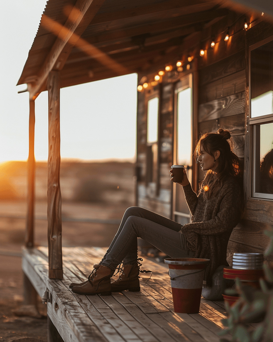 Woman sitting on a small wooden porch at sunset, drinking coffee beside her off-grid cabin