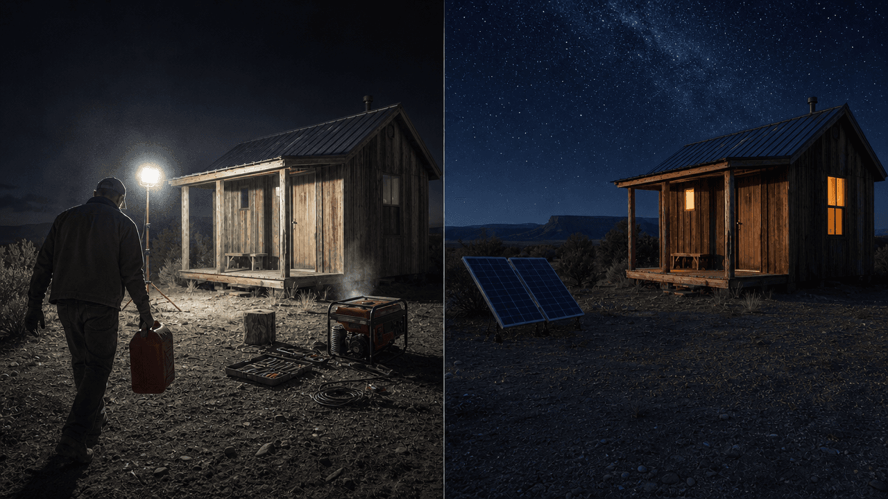 Split image of the same rural cabin at night: on the left a man hauls a gas can to a running generator under a harsh work light, on the right the cabin glows quietly under the stars beside solar panels