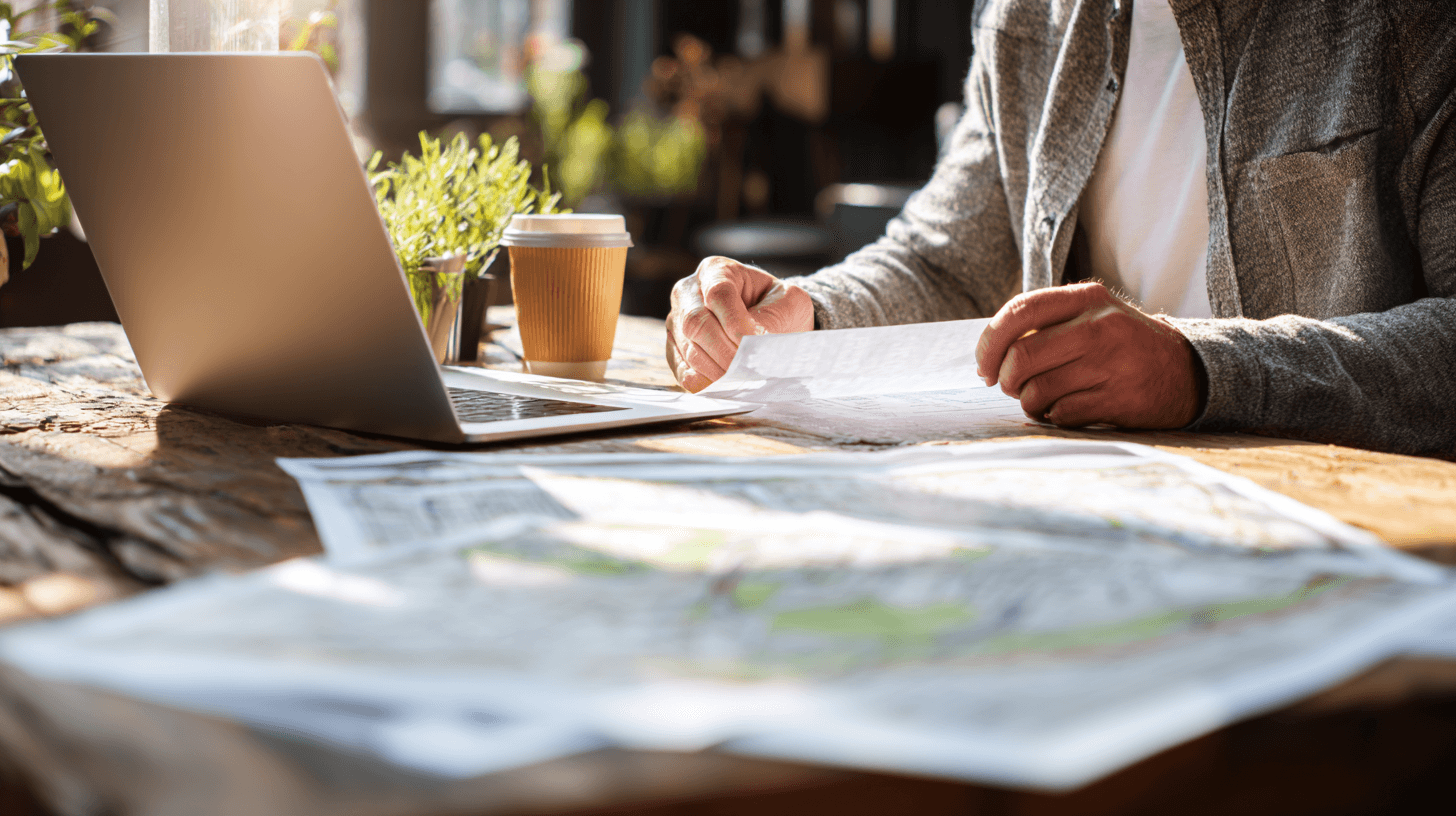 Rural land buyer reviewing property deed and parcel map at desk before verifying land ownership.